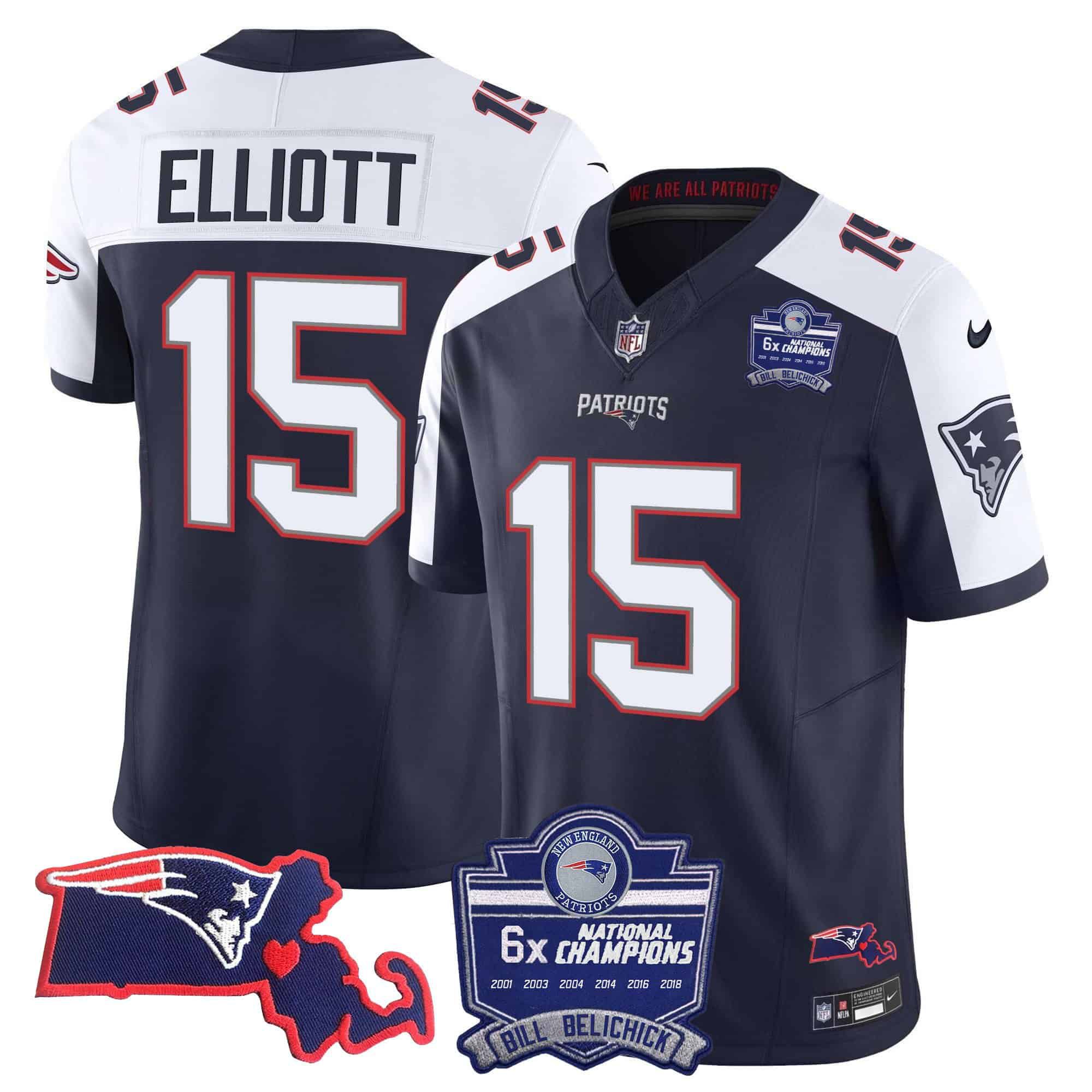 Men New England Patriots #15 Elliott Dark blue 2024 Nike 6x Champions Patch Vapor Limited NFL Jersey